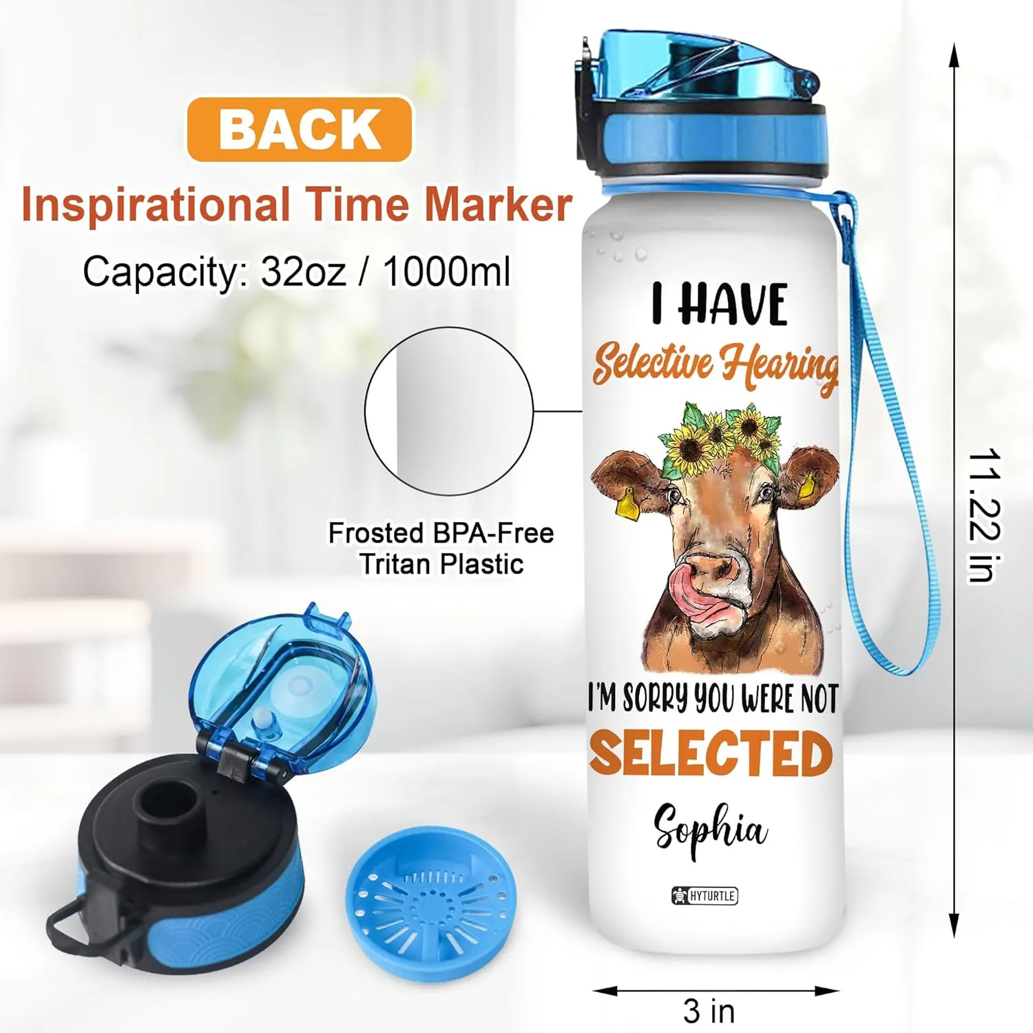 Hyturtle Personalized Cow Water Bottle - 32oz Inspirational Motivational Water Bottle with Leak-Proof Lid Time Marker - Custom Name Gift for Women, Cow Lovers, Farm Animals - Birthday, Christmas Gift