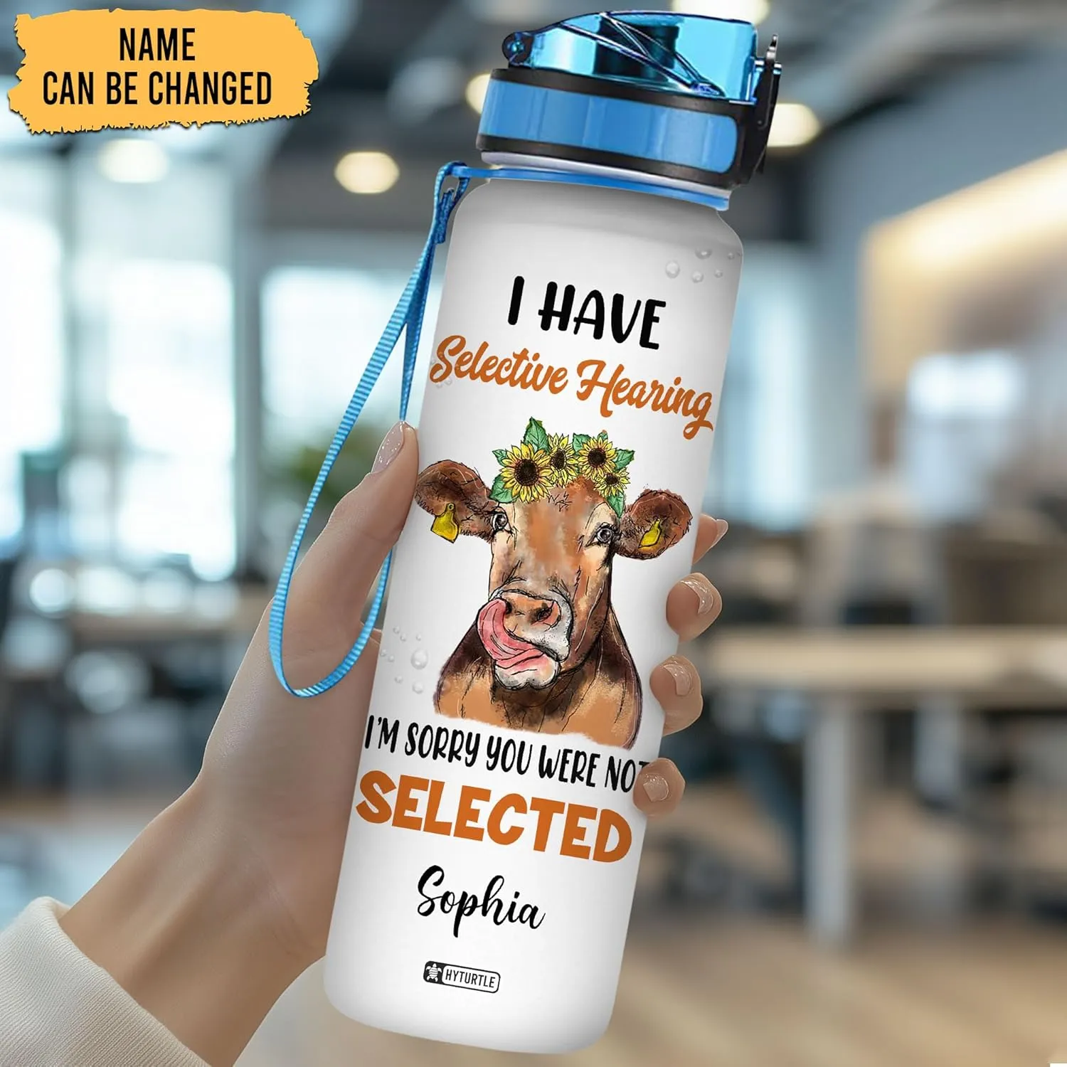 Hyturtle Personalized Cow Water Bottle - 32oz Inspirational Motivational Water Bottle with Leak-Proof Lid Time Marker - Custom Name Gift for Women, Cow Lovers, Farm Animals - Birthday, Christmas Gift