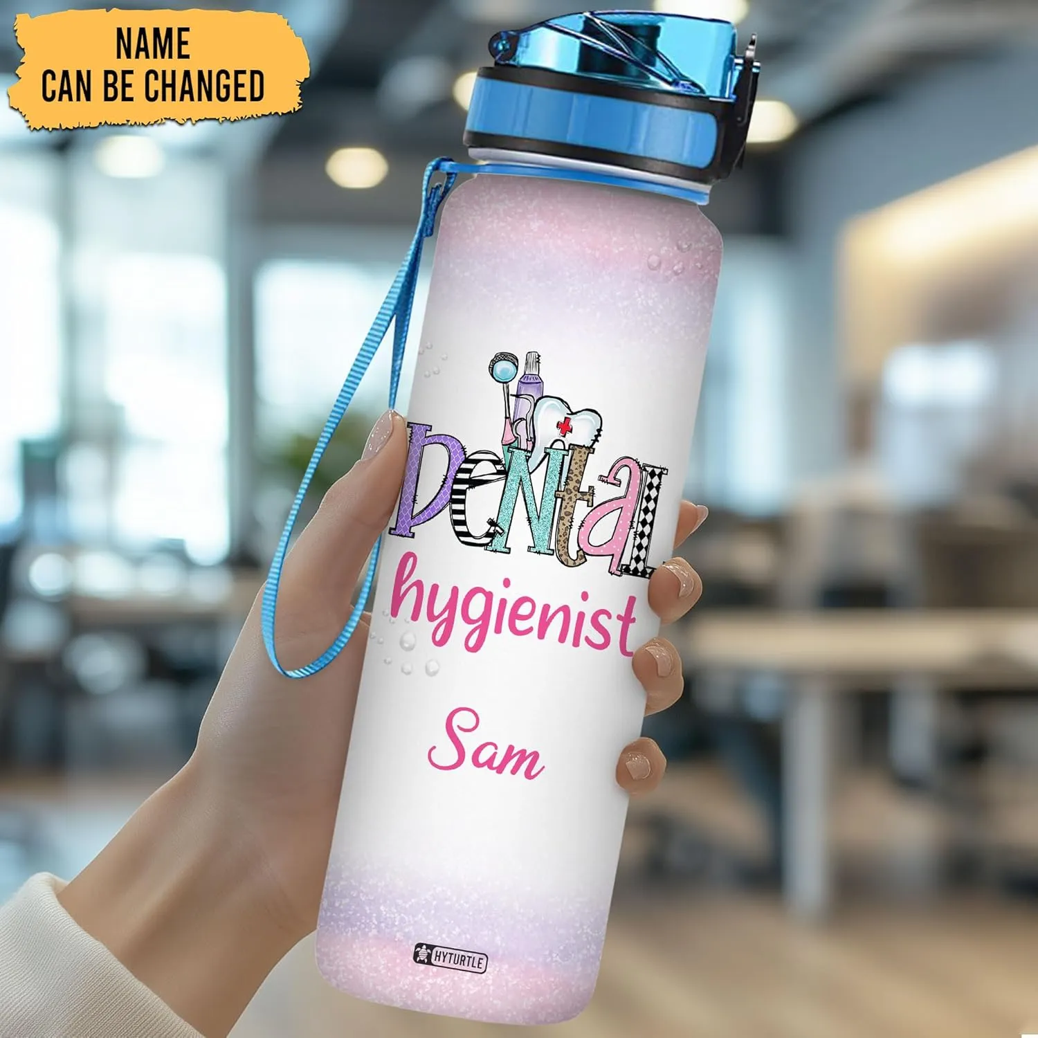 Hyturtle Personalized Dental Hygienist Water Bottle - 32oz Motivational Water Bottle with Leak-Proof Lid Time Marker - Custom Name Gift for Women, Dentist, Dental Students On Birthday and Christmas