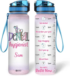 Hyturtle Personalized Dental Hygienist Water Bottle - 32oz Motivational Water Bottle with Leak-Proof Lid Time Marker - Custom Name Gift for Women, Dentist, Dental Students On Birthday and Christmas