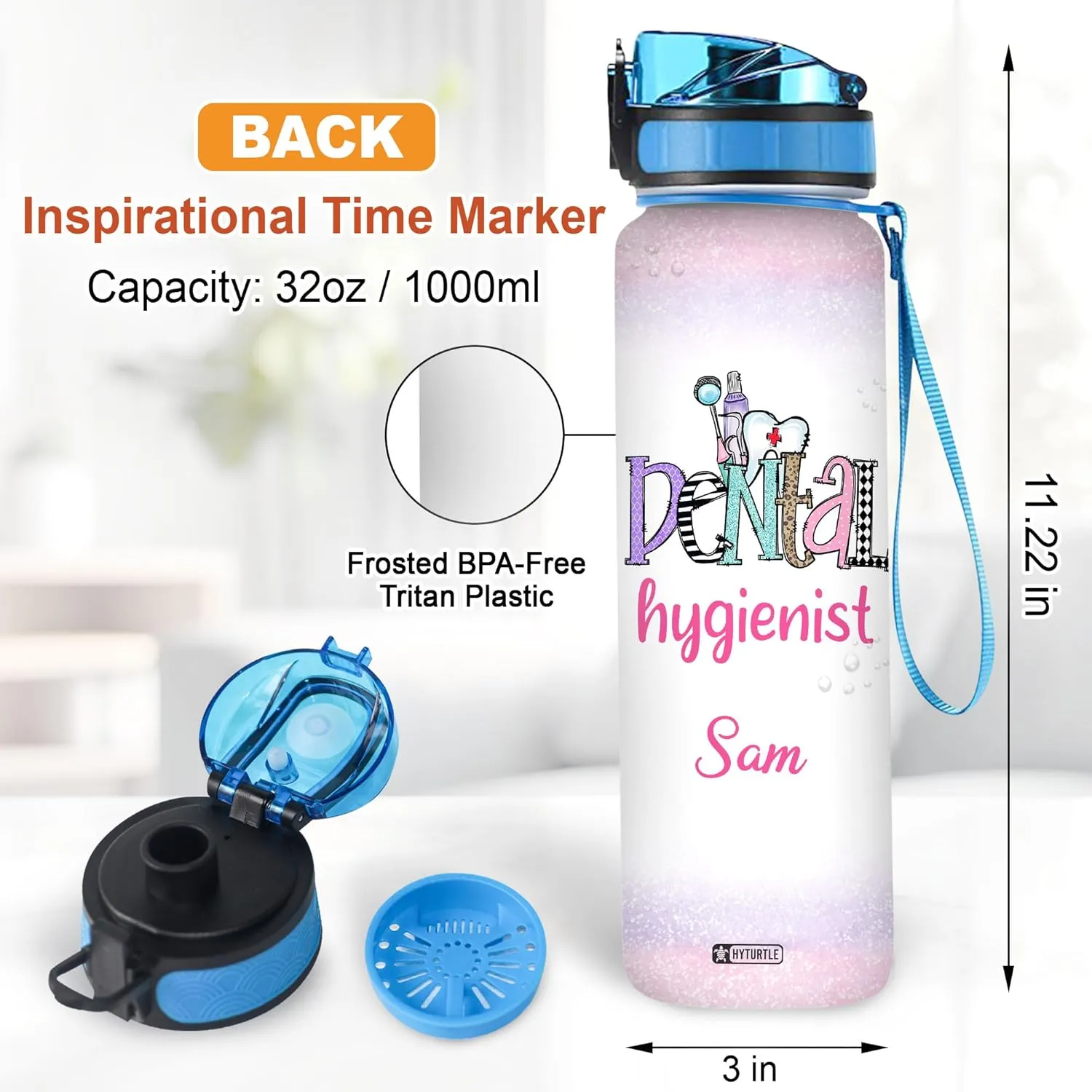 Hyturtle Personalized Dental Hygienist Water Bottle - 32oz Motivational Water Bottle with Leak-Proof Lid Time Marker - Custom Name Gift for Women, Dentist, Dental Students On Birthday and Christmas