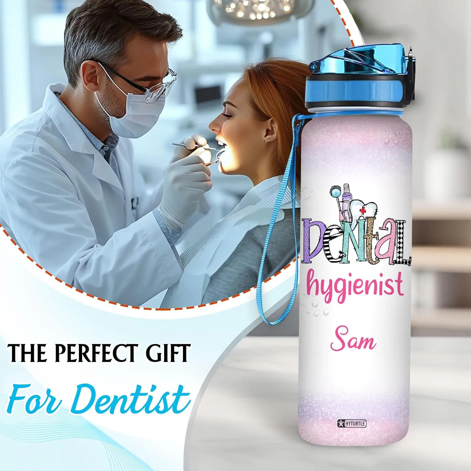 Hyturtle Personalized Dental Hygienist Water Bottle - 32oz Motivational Water Bottle with Leak-Proof Lid Time Marker - Custom Name Gift for Women, Dentist, Dental Students On Birthday and Christmas