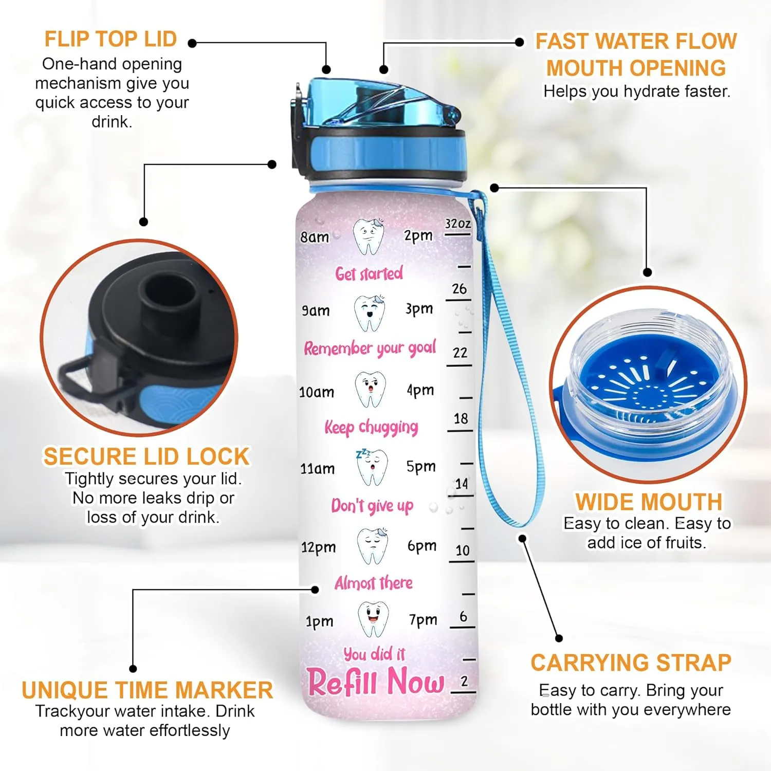 Hyturtle Personalized Dental Hygienist Water Bottle - 32oz Motivational Water Bottle with Leak-Proof Lid Time Marker - Custom Name Gift for Women, Dentist, Dental Students On Birthday and Christmas