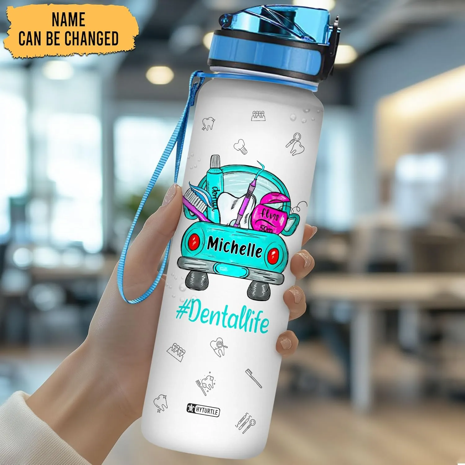 Hyturtle Personalized Dental Life Water Bottle - 32oz Motivational Water Bottle with Leak-Proof Lid Time Marker - Custom Name Gift for Dentists, Dental Hygienists Dental Students On Birthday Christmas