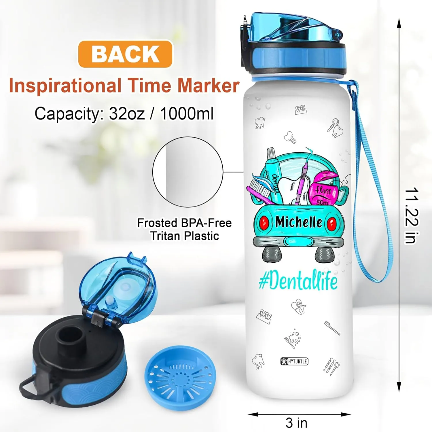 Hyturtle Personalized Dental Life Water Bottle - 32oz Motivational Water Bottle with Leak-Proof Lid Time Marker - Custom Name Gift for Dentists, Dental Hygienists Dental Students On Birthday Christmas