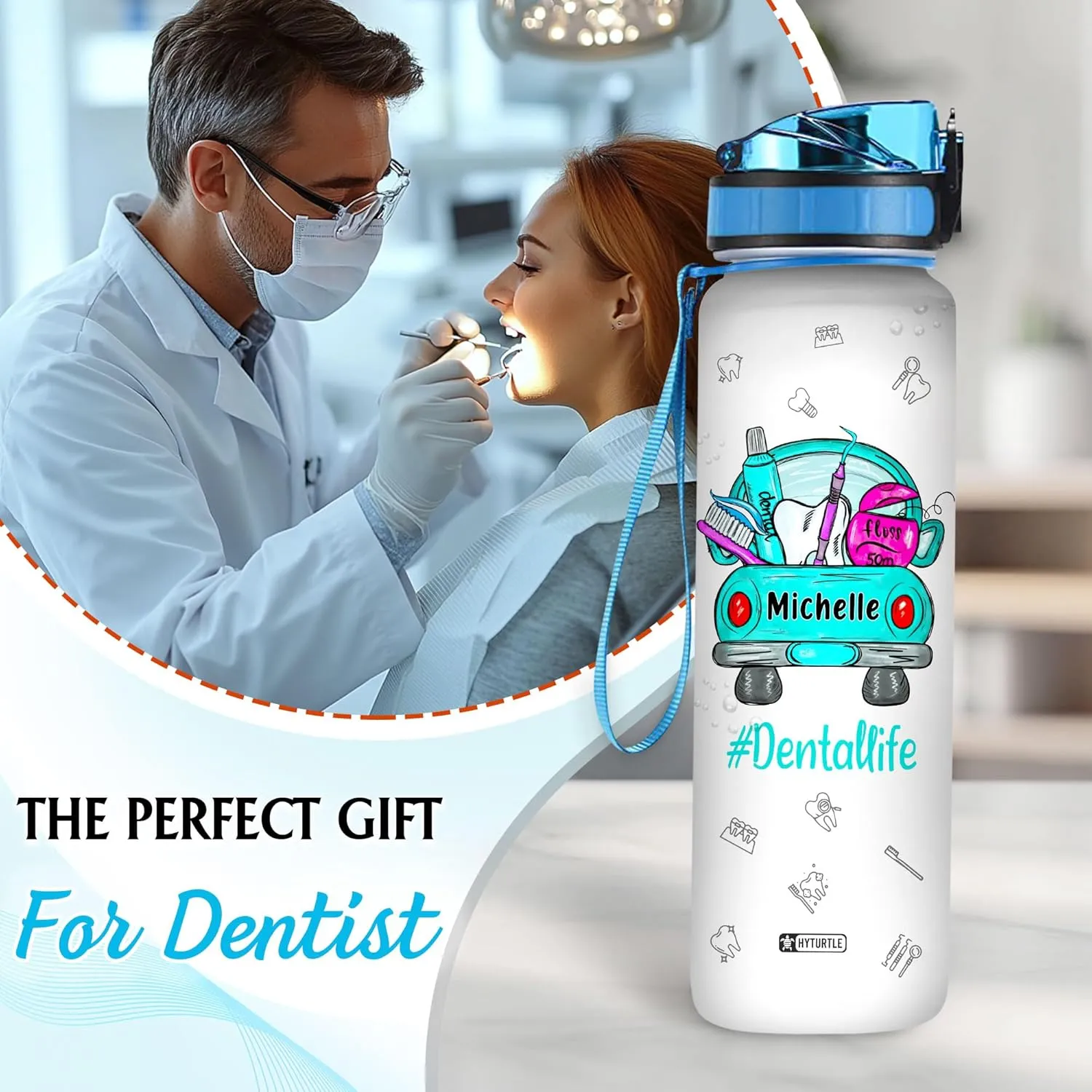 Hyturtle Personalized Dental Life Water Bottle - 32oz Motivational Water Bottle with Leak-Proof Lid Time Marker - Custom Name Gift for Dentists, Dental Hygienists Dental Students On Birthday Christmas