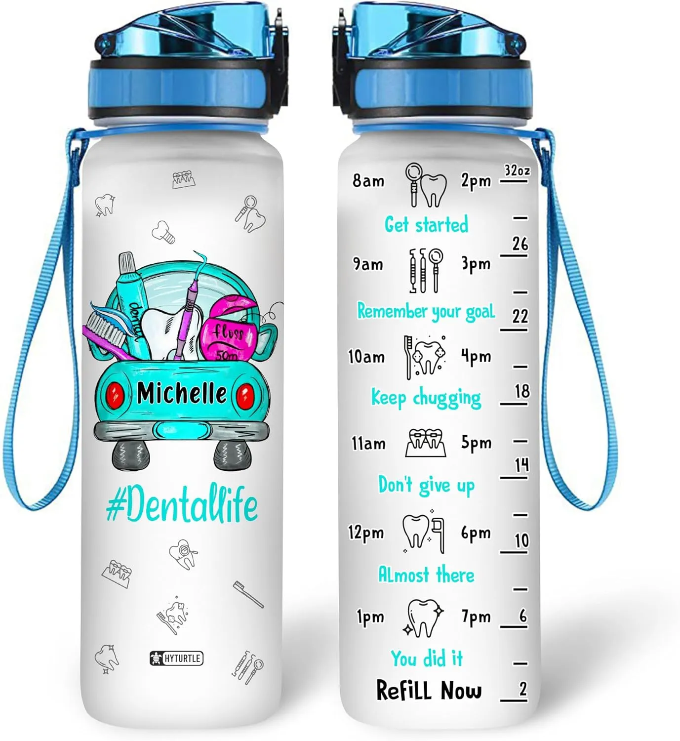 Hyturtle Personalized Dental Life Water Bottle - 32oz Motivational Water Bottle with Leak-Proof Lid Time Marker - Custom Name Gift for Dentists, Dental Hygienists Dental Students On Birthday Christmas