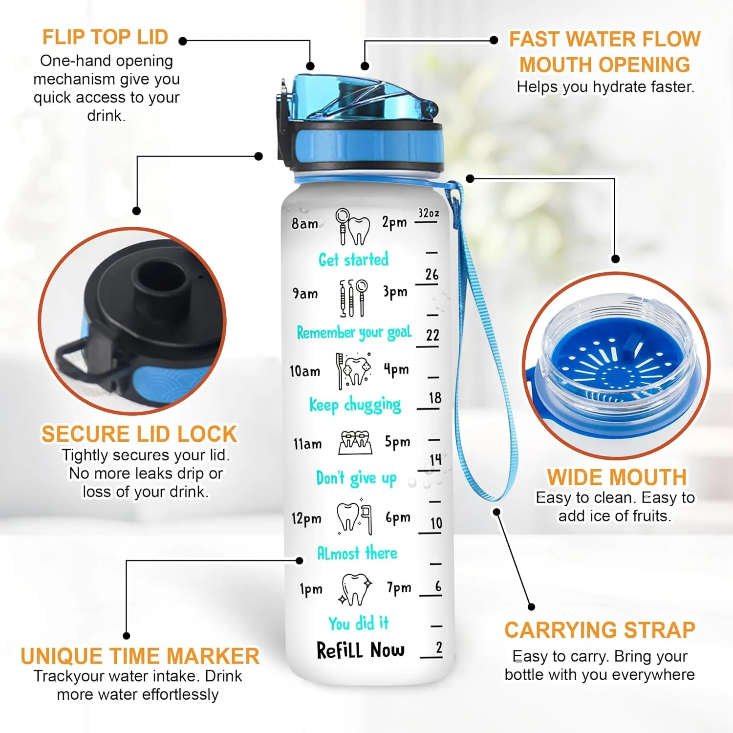 Hyturtle Personalized Dental Life Water Bottle - 32oz Motivational Water Bottle with Leak-Proof Lid Time Marker - Custom Name Gift for Dentists, Dental Hygienists Dental Students On Birthday Christmas