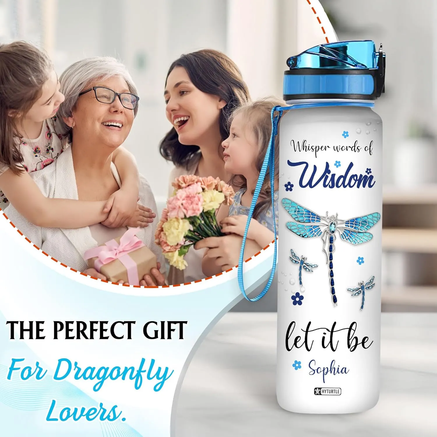 Hyturtle Personalized Dragonfly Water Bottle - 32oz Motivational Water Bottle with Leak-Proof Lid, Time Marker - Custom Name Gift for Women, Girls, Dragonfly Lovers On Birthday Christmas