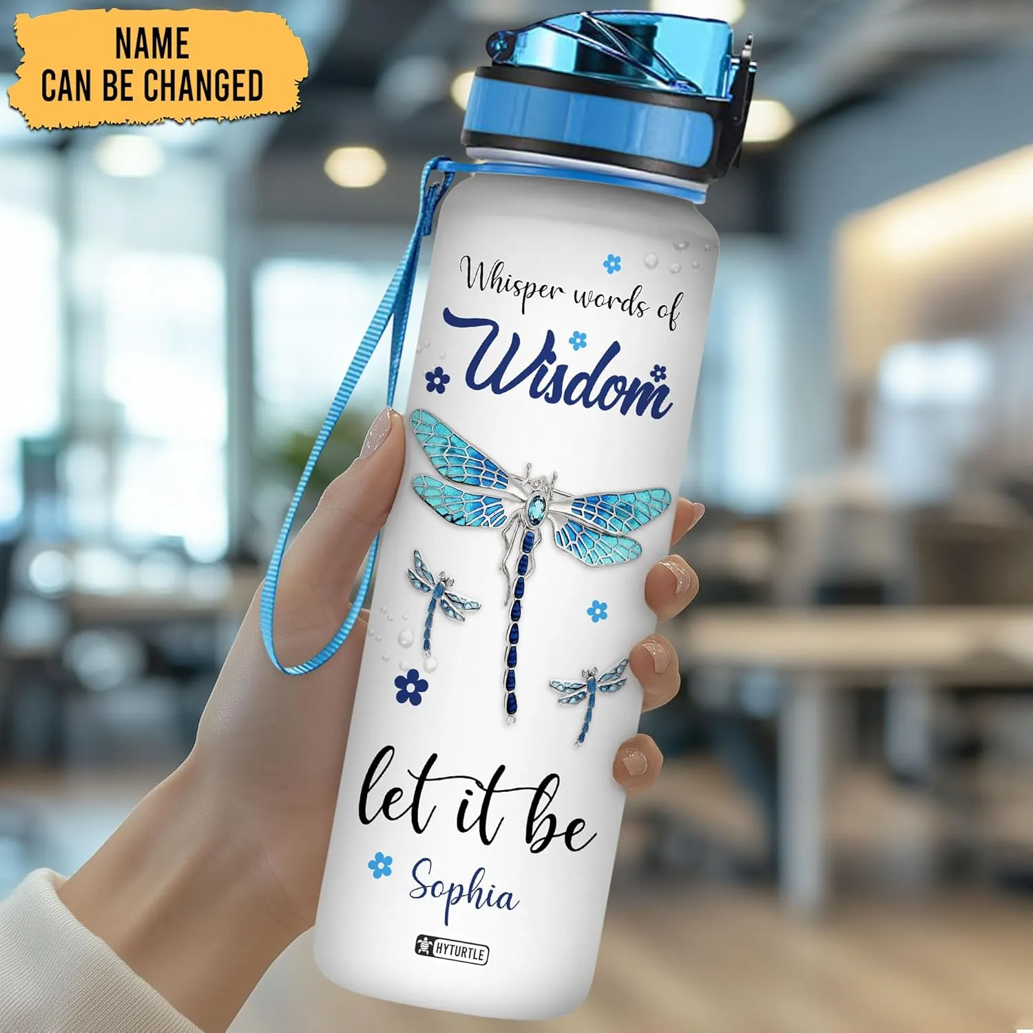 Hyturtle Personalized Dragonfly Water Bottle - 32oz Motivational Water Bottle with Leak-Proof Lid, Time Marker - Custom Name Gift for Women, Girls, Dragonfly Lovers On Birthday Christmas