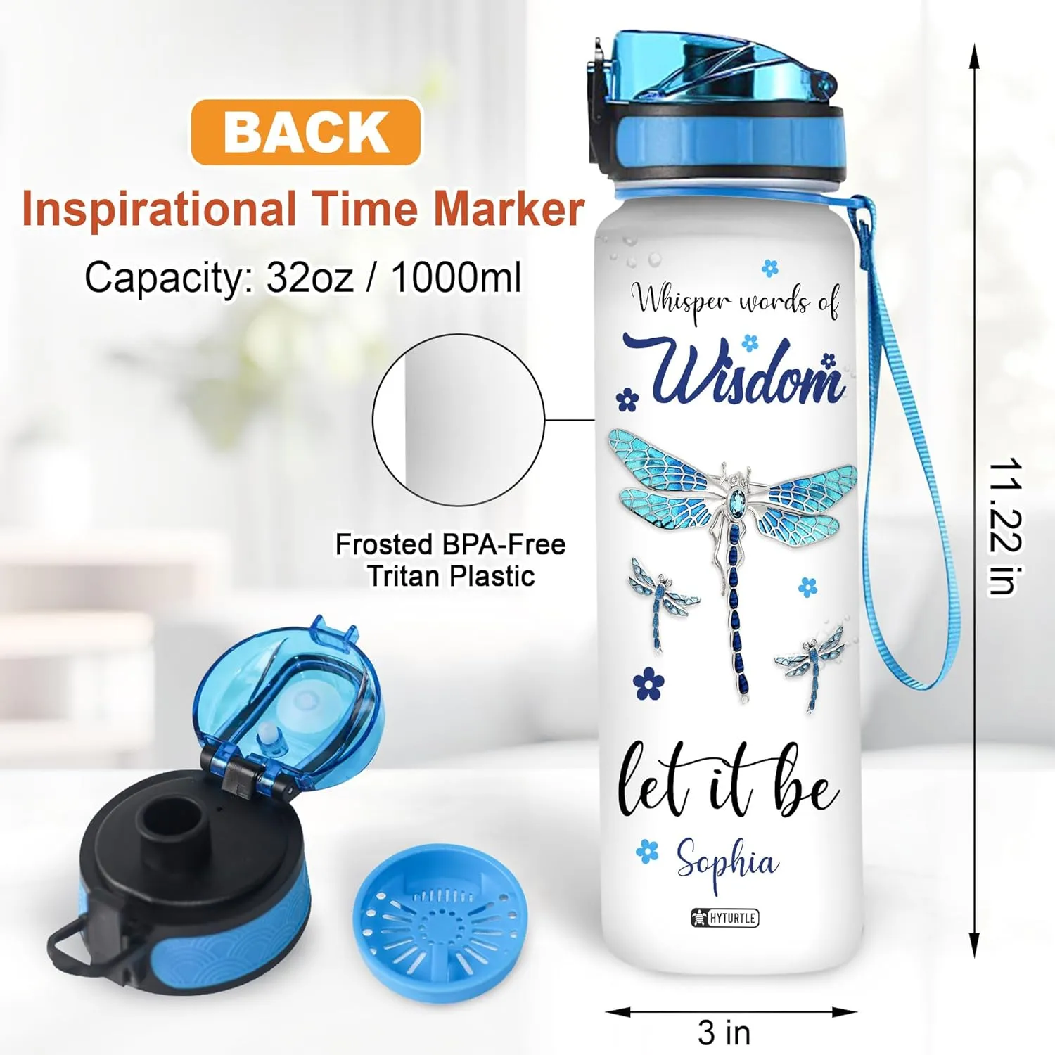 Hyturtle Personalized Dragonfly Water Bottle - 32oz Motivational Water Bottle with Leak-Proof Lid, Time Marker - Custom Name Gift for Women, Girls, Dragonfly Lovers On Birthday Christmas