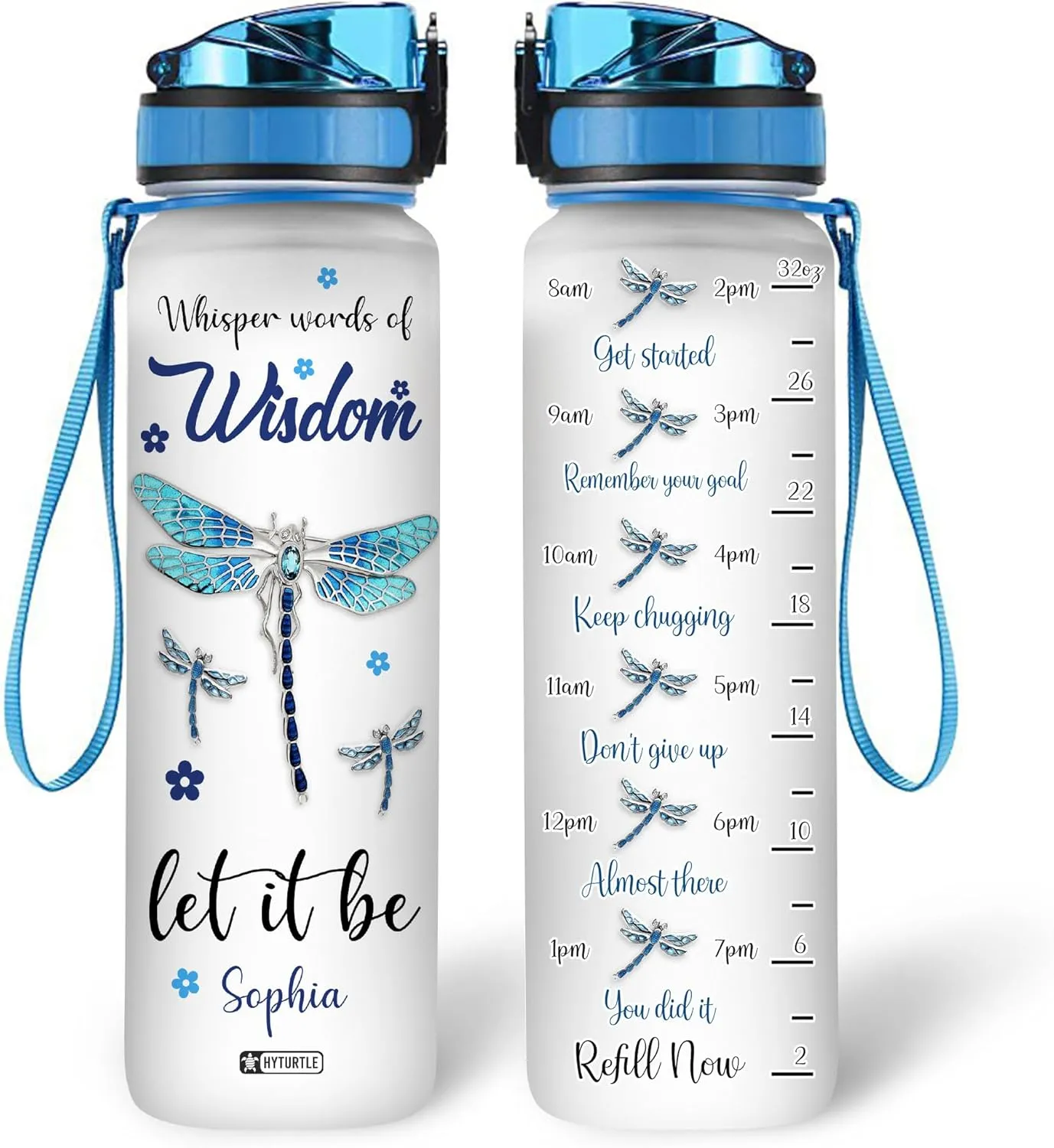 Hyturtle Personalized Dragonfly Water Bottle - 32oz Motivational Water Bottle with Leak-Proof Lid, Time Marker - Custom Name Gift for Women, Girls, Dragonfly Lovers On Birthday Christmas