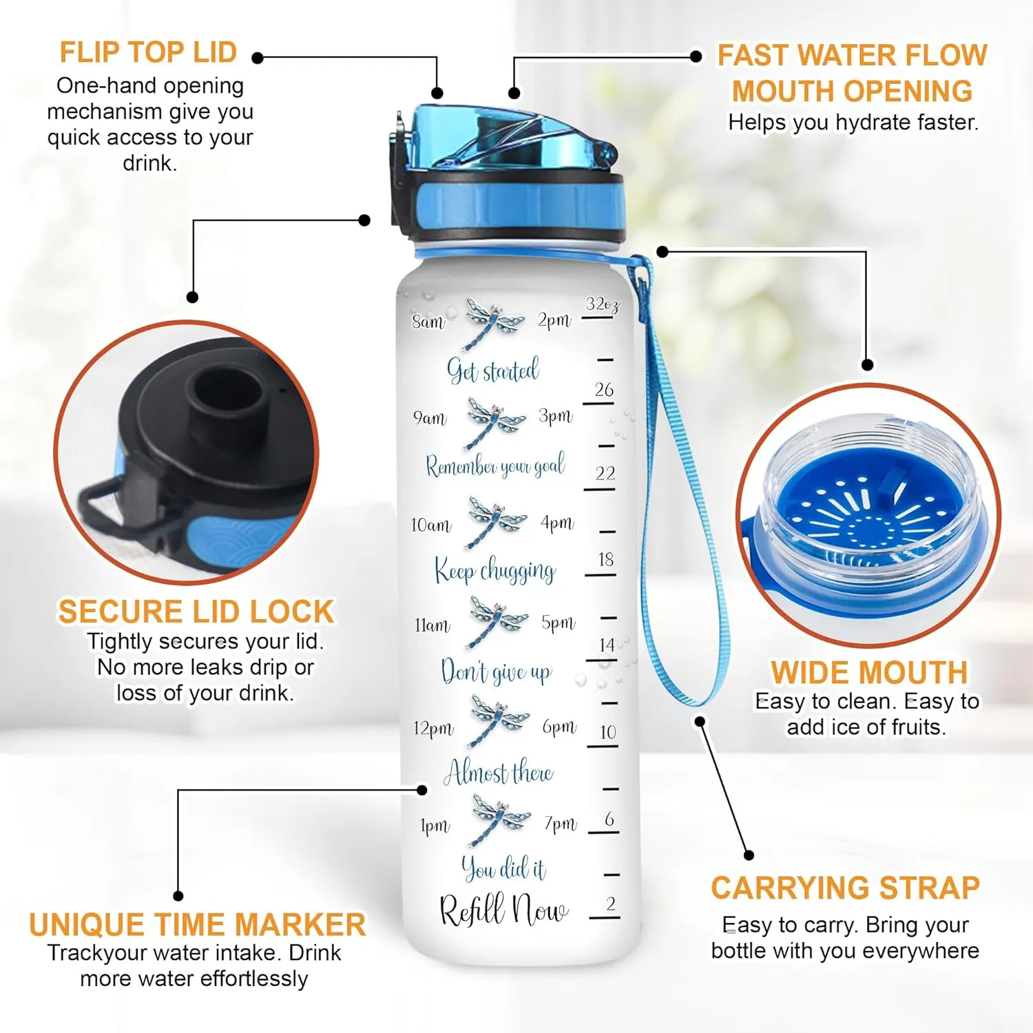 Hyturtle Personalized Dragonfly Water Bottle - 32oz Motivational Water Bottle with Leak-Proof Lid, Time Marker - Custom Name Gift for Women, Girls, Dragonfly Lovers On Birthday Christmas