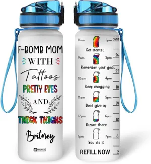Hyturtle Personalized F-Bomb Mom With Tattoos Pretty Eyes 32Oz Liter Motivational Water Bottle, Customized Name With Time Marker, Gifts For Women Mom From Daughters Sons On Birthday Mother's Day