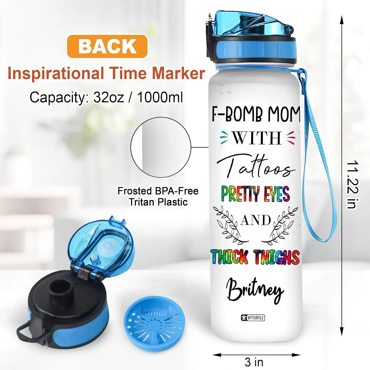 Hyturtle Personalized F-Bomb Mom With Tattoos Pretty Eyes 32Oz Liter Motivational Water Bottle, Customized Name With Time Marker, Gifts For Women Mom From Daughters Sons On Birthday Mother's Day