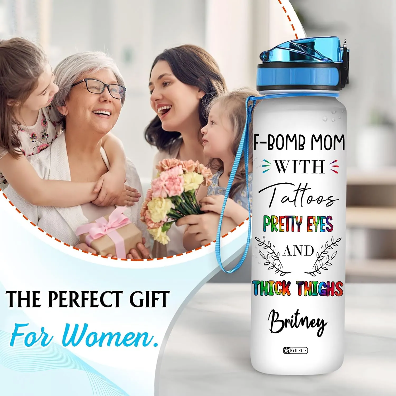 Hyturtle Personalized F-Bomb Mom With Tattoos Pretty Eyes 32Oz Liter Motivational Water Bottle, Customized Name With Time Marker, Gifts For Women Mom From Daughters Sons On Birthday Mother's Day