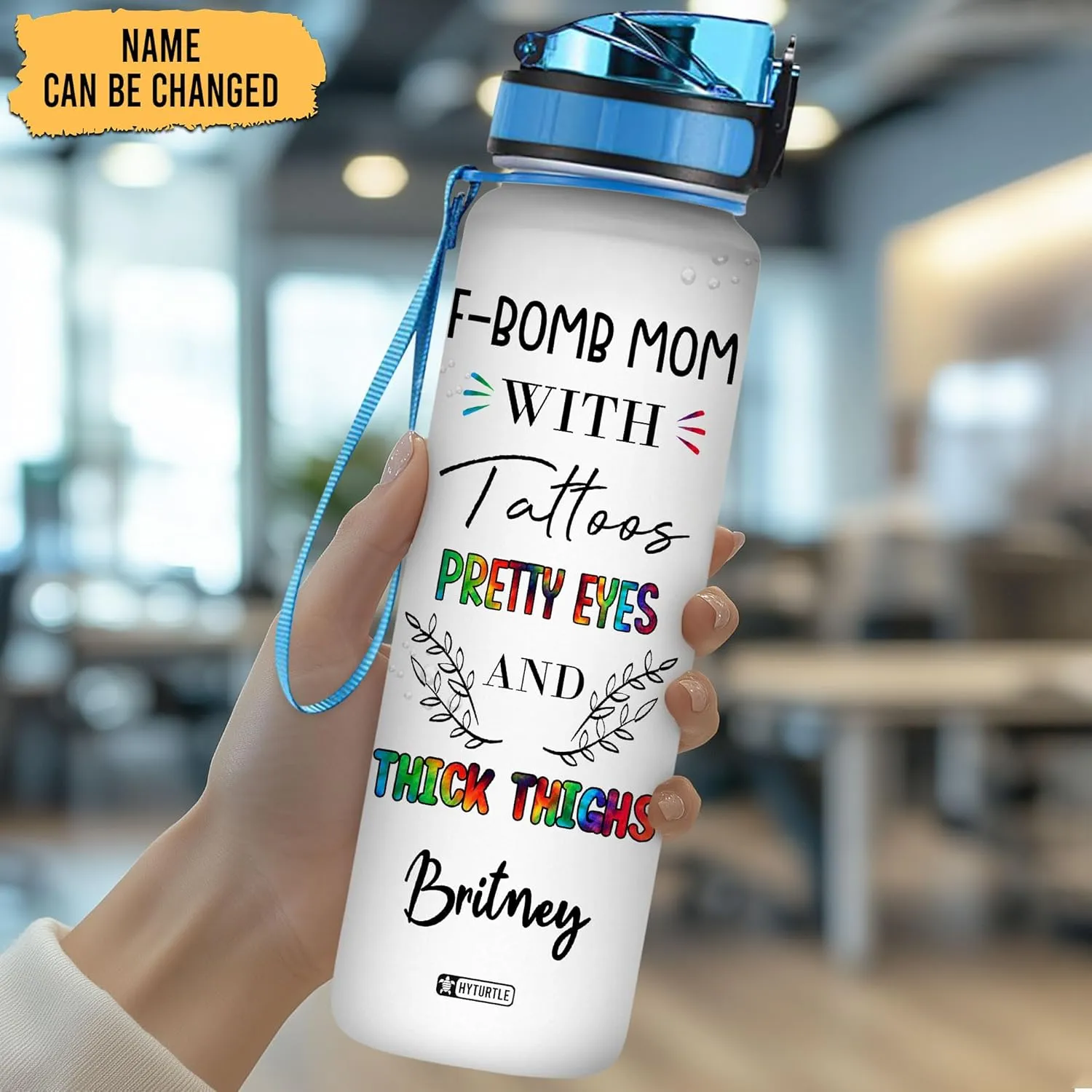 Hyturtle Personalized F-Bomb Mom With Tattoos Pretty Eyes 32Oz Liter Motivational Water Bottle, Customized Name With Time Marker, Gifts For Women Mom From Daughters Sons On Birthday Mother's Day