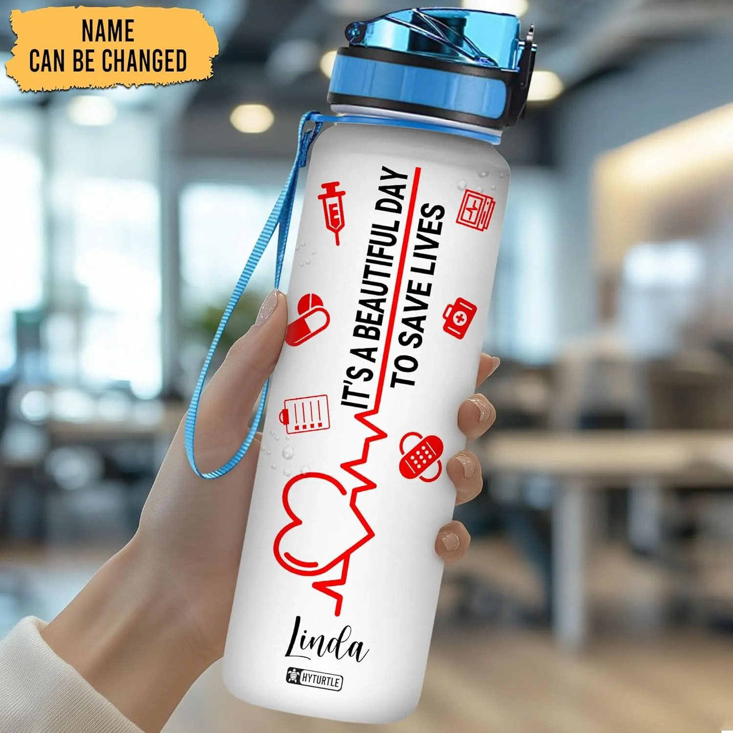 Hyturtle Personalized Nurse Water Bottle - 32oz Motivational Water Bottle with Leak-Proof Lid Time Marker - Custom Name Gift for Women, Nursing Students, Nurse Coworkers On Birthday, Nurse's Day