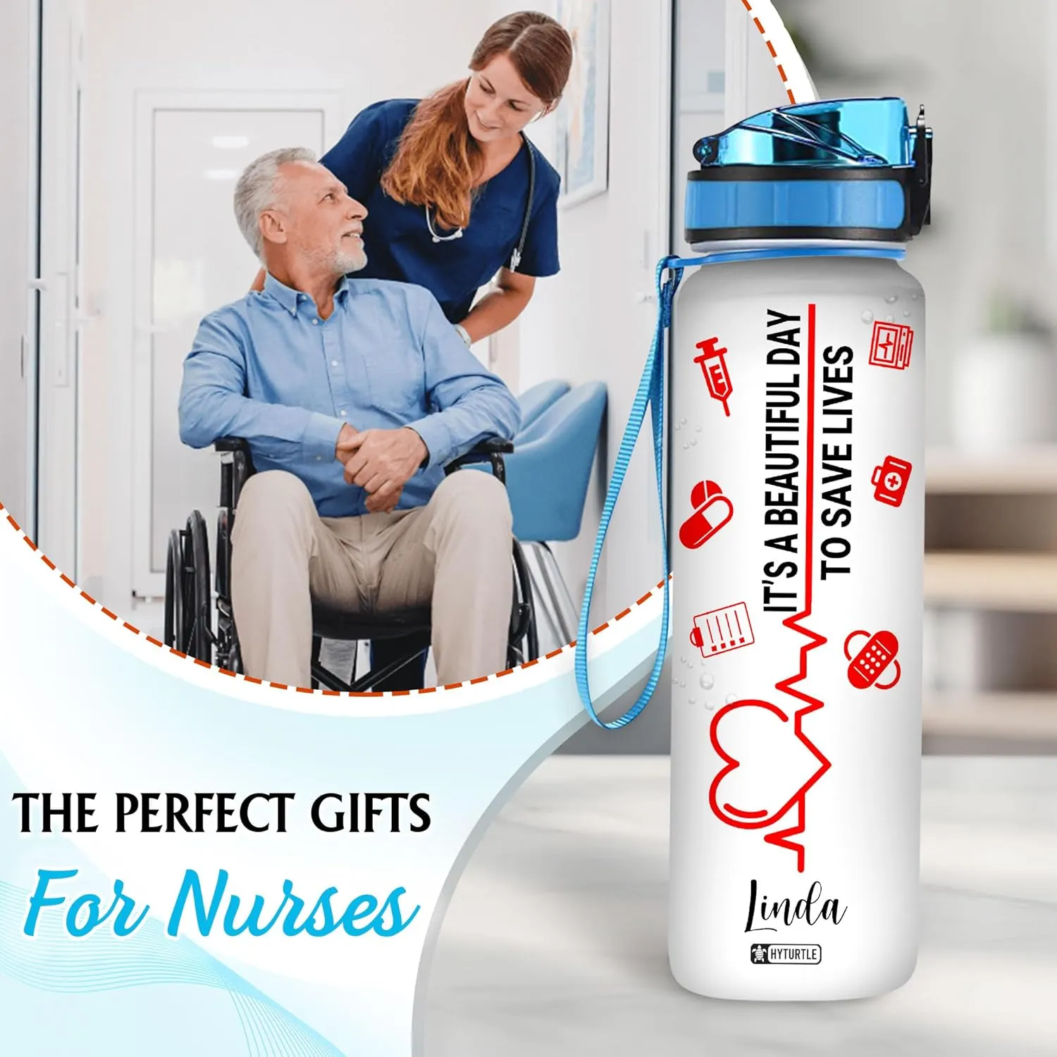 Hyturtle Personalized Nurse Water Bottle - 32oz Motivational Water Bottle with Leak-Proof Lid Time Marker - Custom Name Gift for Women, Nursing Students, Nurse Coworkers On Birthday, Nurse's Day