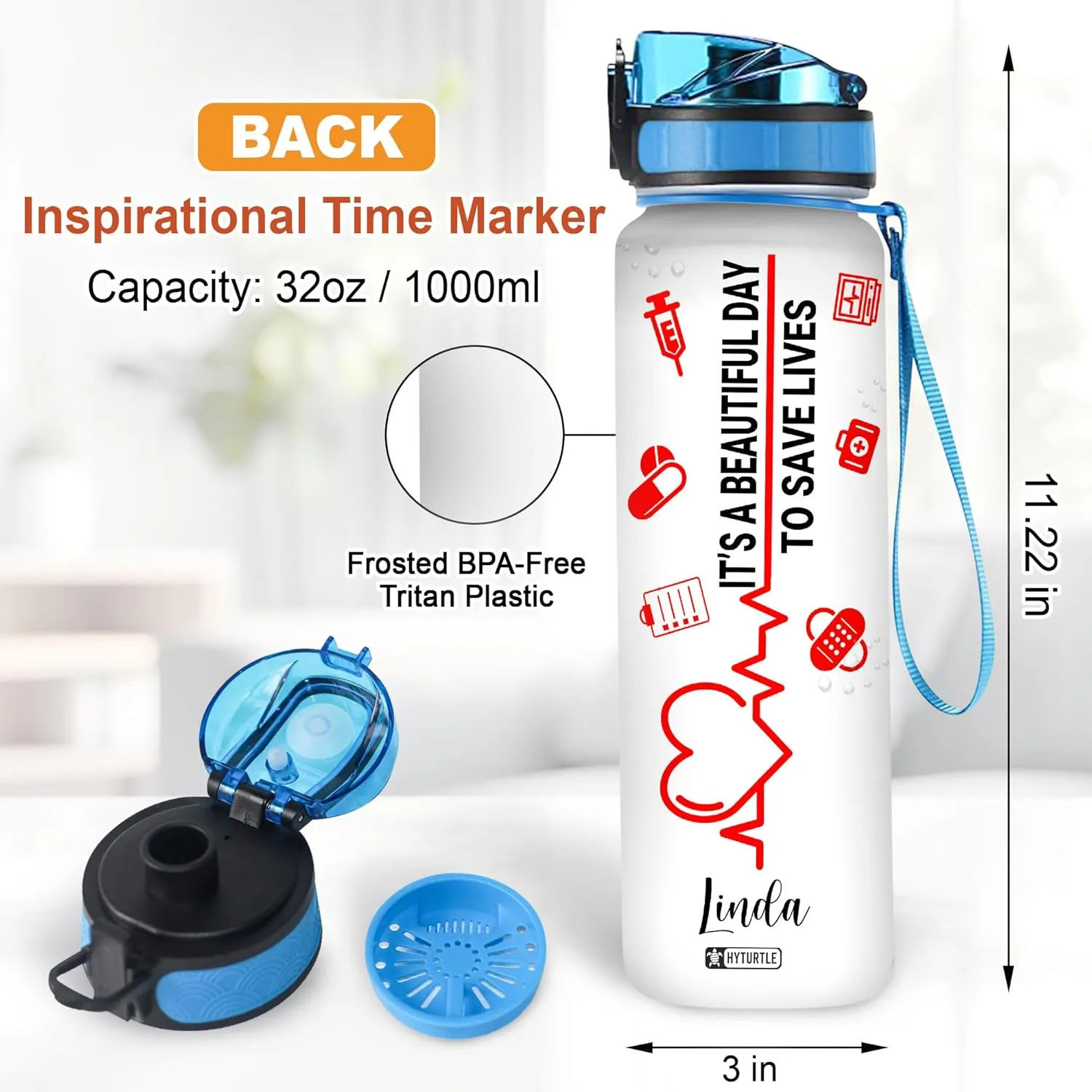 Hyturtle Personalized Nurse Water Bottle - 32oz Motivational Water Bottle with Leak-Proof Lid Time Marker - Custom Name Gift for Women, Nursing Students, Nurse Coworkers On Birthday, Nurse's Day
