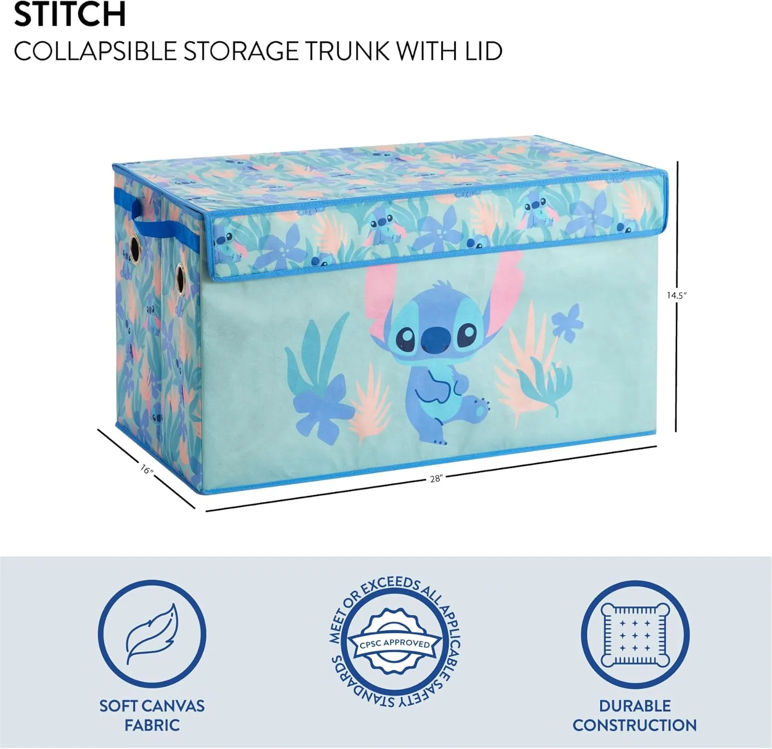 Idea Nuova Disney Stitch Collapsible Storage Trunk, Durable with Soft Lid, 28.5"x14.5"x16"