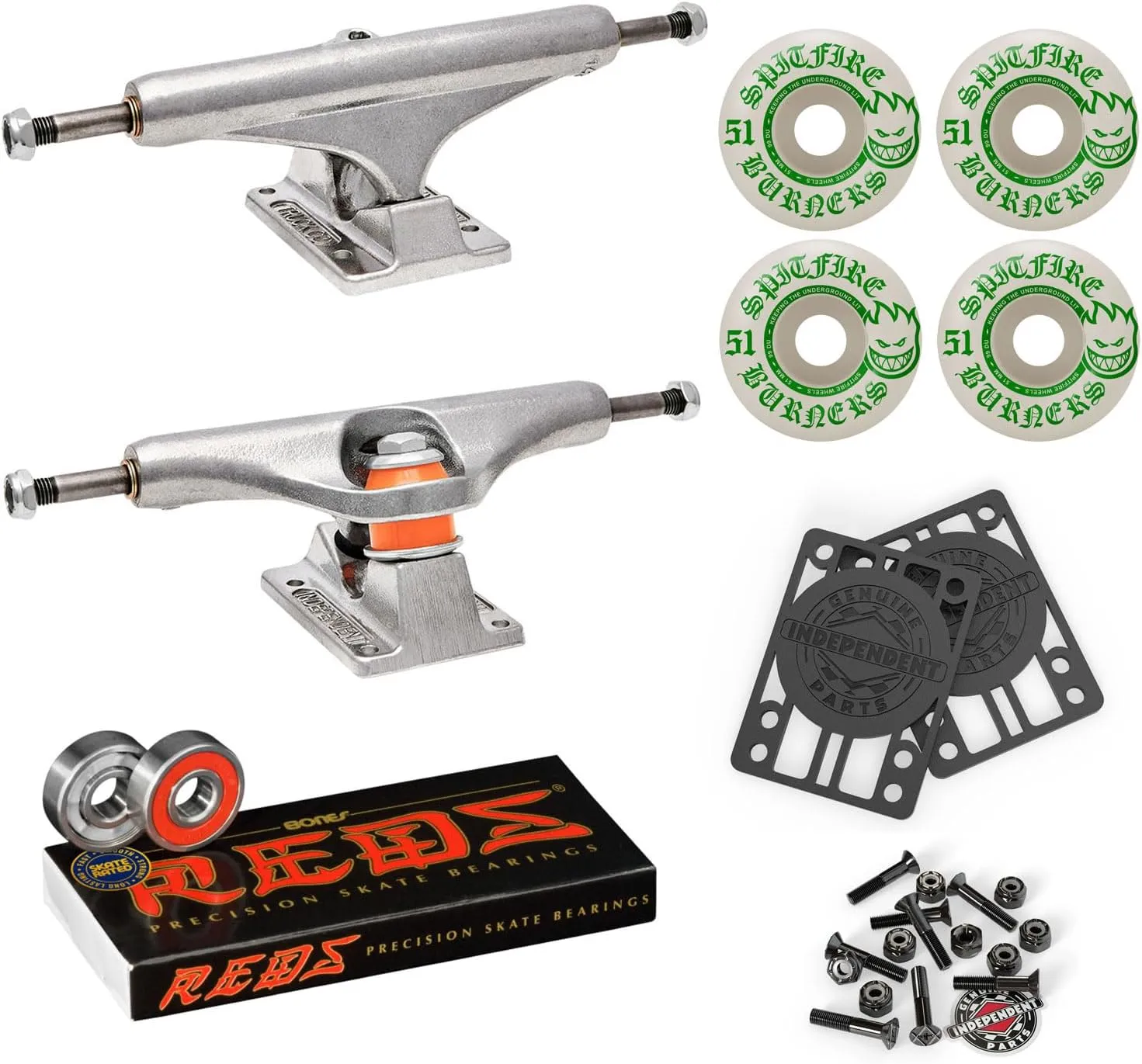 Independent Skateboard Trucks 159 Mid   51mm Spitfire Burners Wheels, Bones Bearings