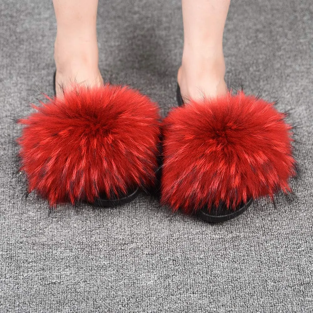 Jancoco Max Womens Fur Sliders Slippers Raccoon Fur Furry Slides Fashion Flat Soft Open Toe Fluffy Sandals
