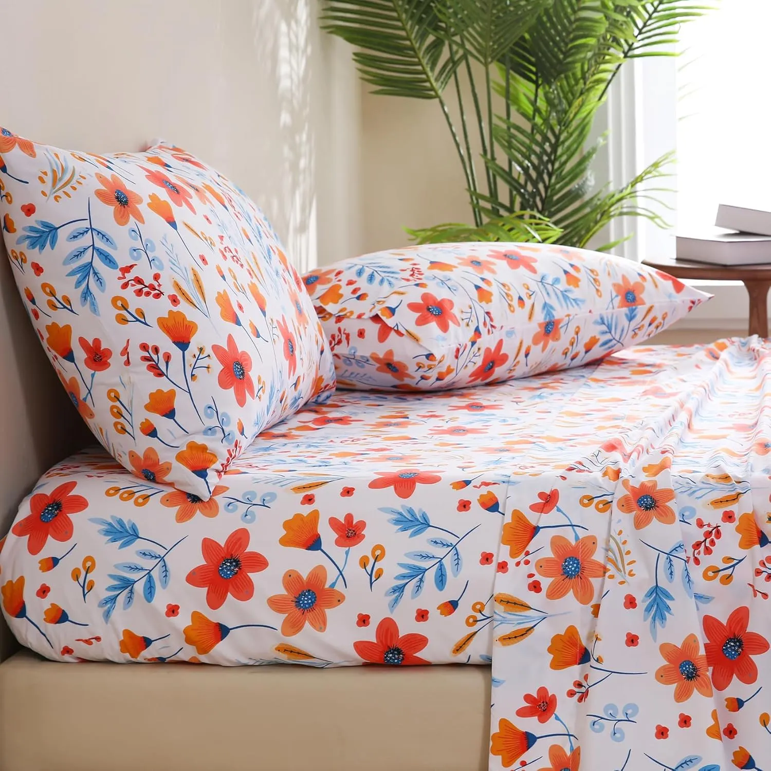 JSD Floral Printed Sheet Set Queen Size, 4 Piece Flower Pattern Microfiber Bed Sheets Deep Pocket