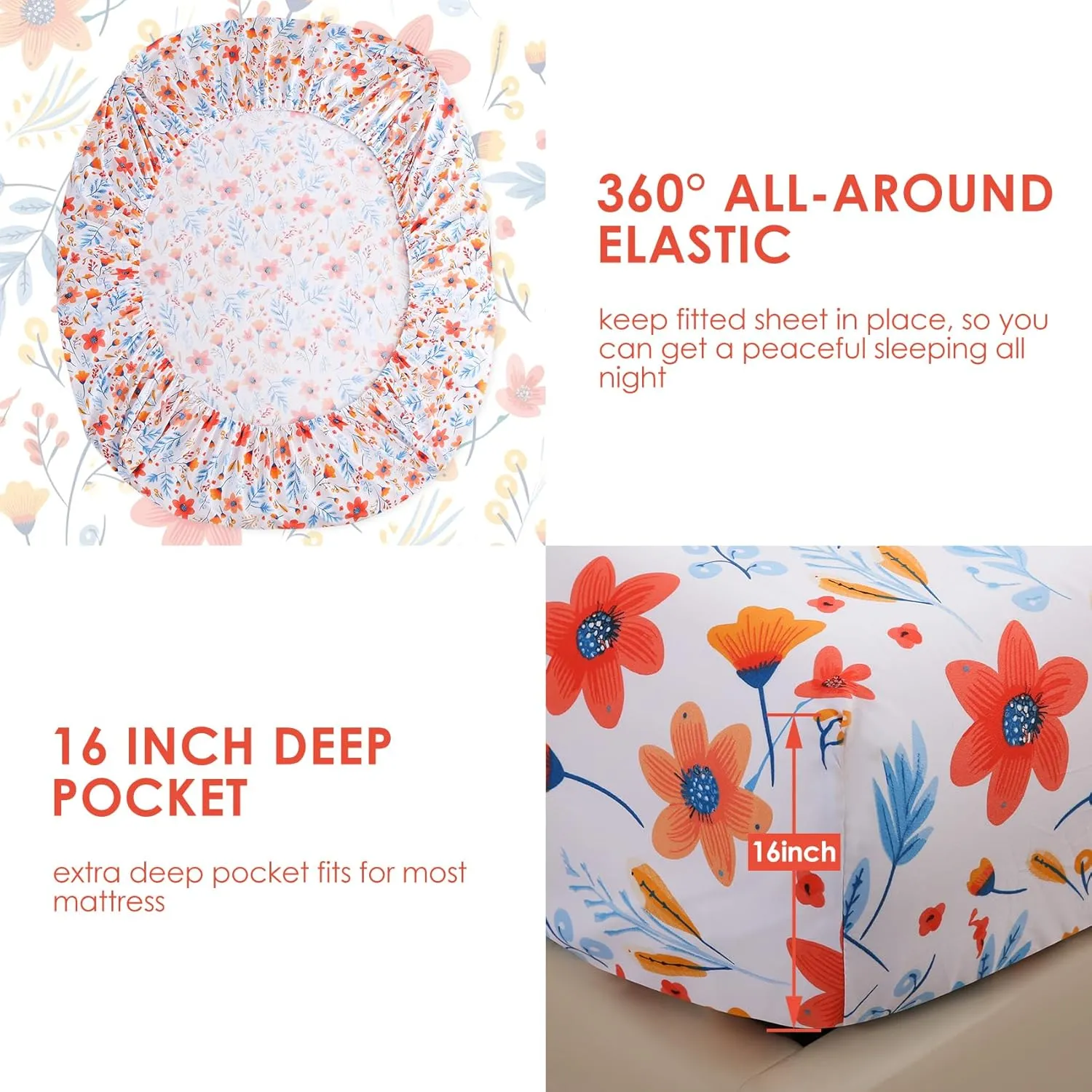 JSD Floral Printed Sheet Set Queen Size, 4 Piece Flower Pattern Microfiber Bed Sheets Deep Pocket