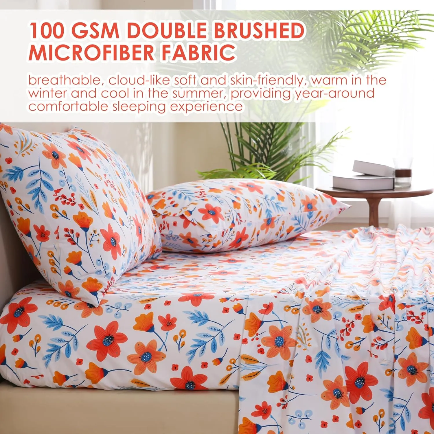 JSD Floral Printed Sheet Set Queen Size, 4 Piece Flower Pattern Microfiber Bed Sheets Deep Pocket