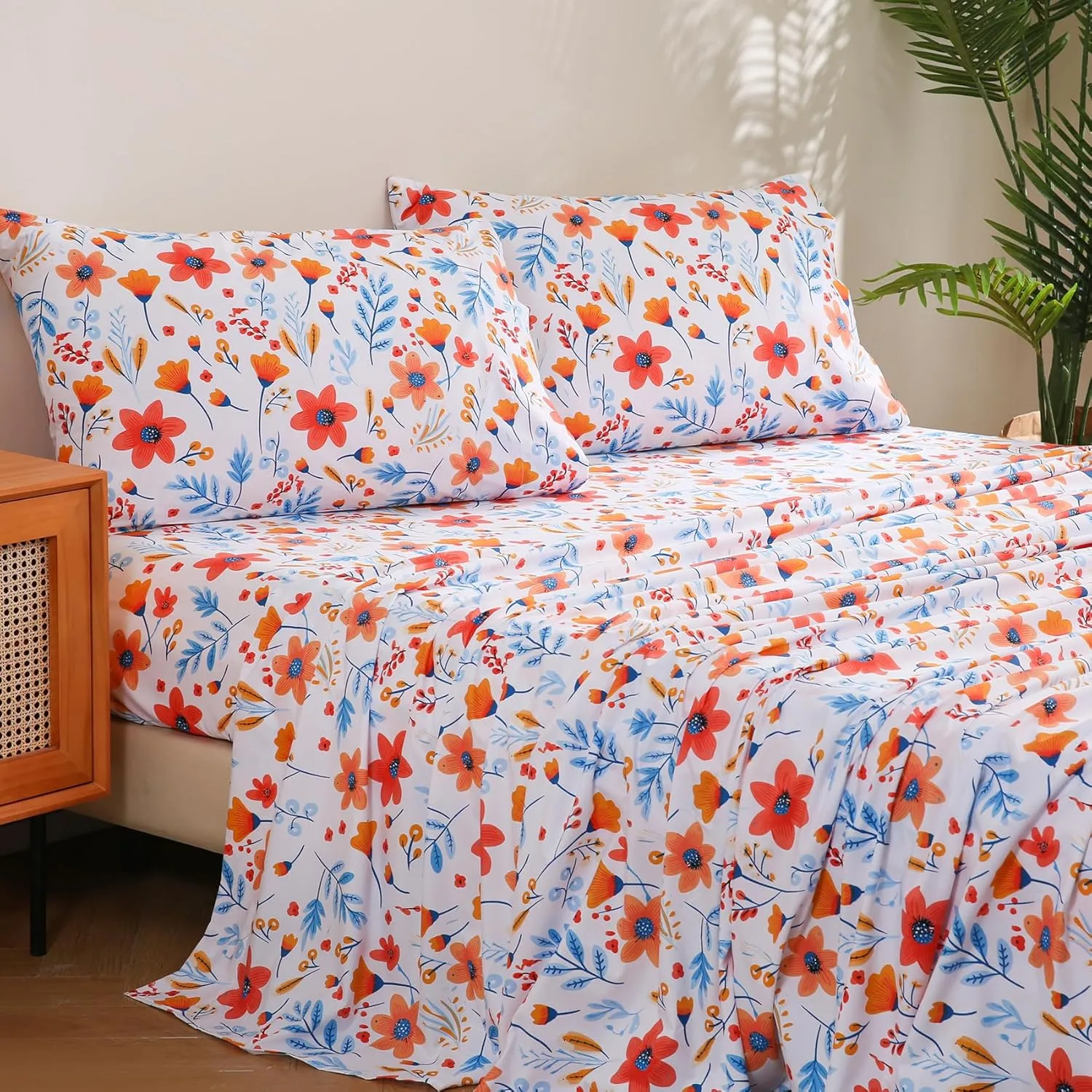 JSD Floral Printed Sheet Set Queen Size, 4 Piece Flower Pattern Microfiber Bed Sheets Deep Pocket
