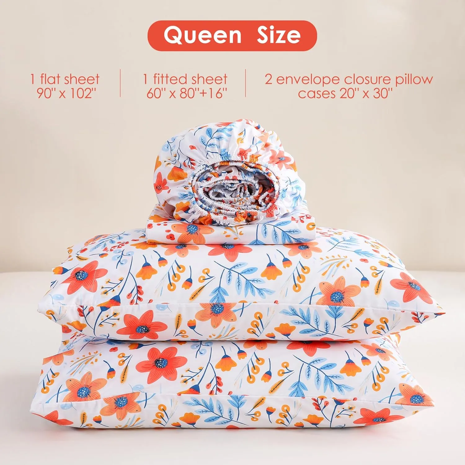 JSD Floral Printed Sheet Set Queen Size, 4 Piece Flower Pattern Microfiber Bed Sheets Deep Pocket