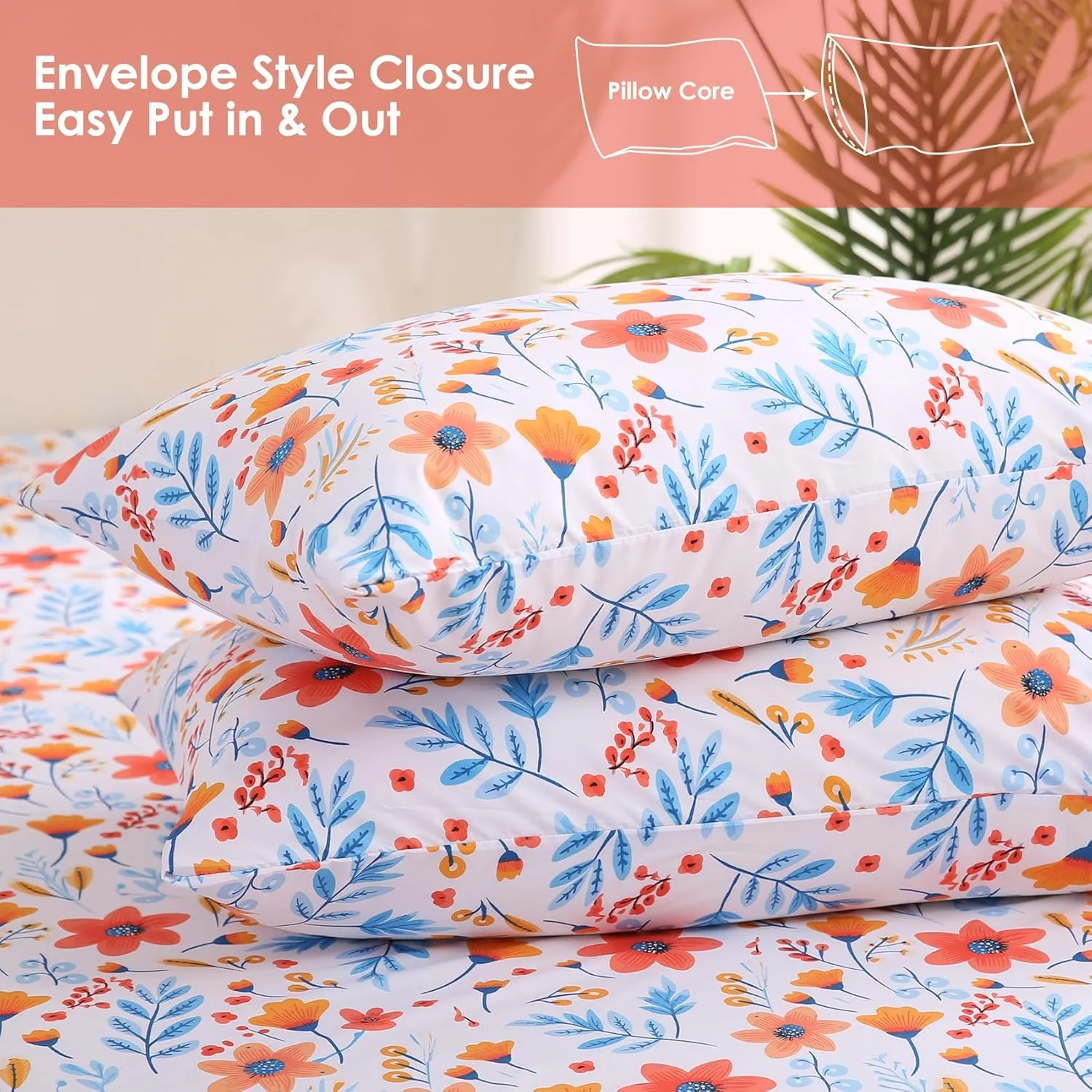 JSD Floral Printed Sheet Set Queen Size, 4 Piece Flower Pattern Microfiber Bed Sheets Deep Pocket