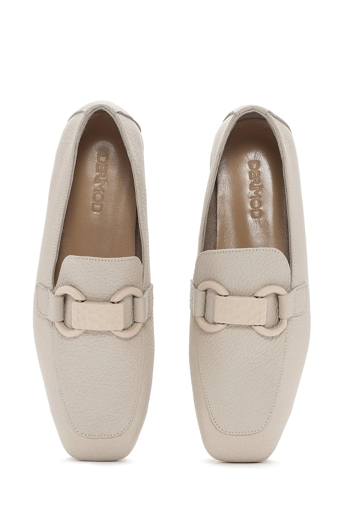 Kadın Krem Deri Maskülen Loafer