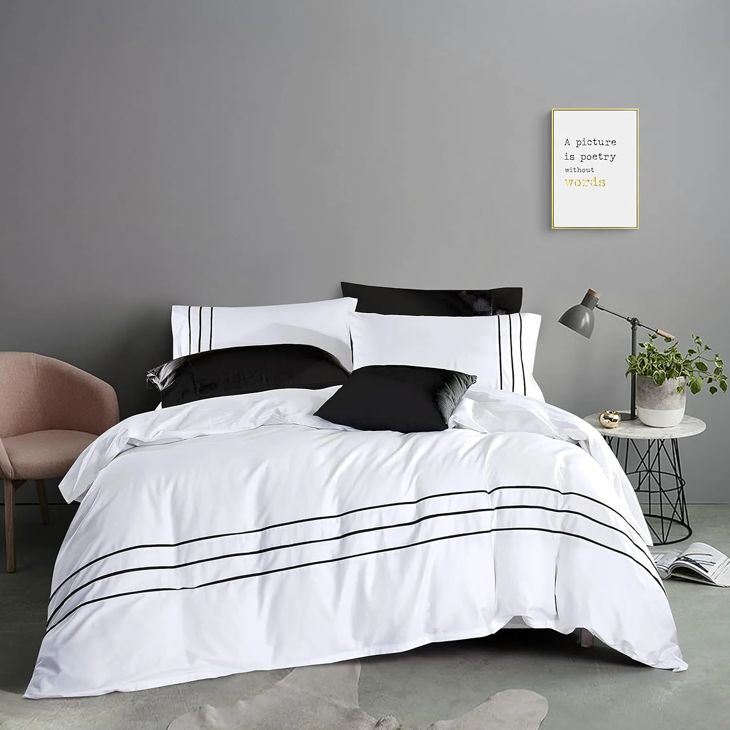 Karen 2 Pieces White Duvet Cover Set Without Filling Black Stripe Trim 100% Egyptian Cotton 300 Thread Count Soft Sateen Hotel Collection Zipper Closure Corner Ties(White Black,Twin)