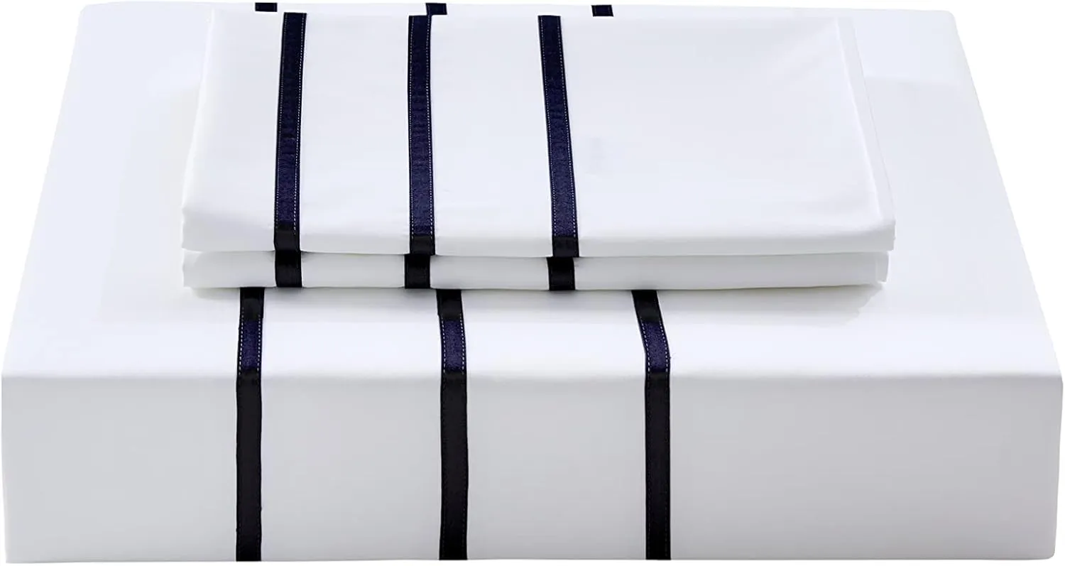 Karen 2 Pieces White Duvet Cover Set Without Filling Black Stripe Trim 100% Egyptian Cotton 300 Thread Count Soft Sateen Hotel Collection Zipper Closure Corner Ties(White Black,Twin)
