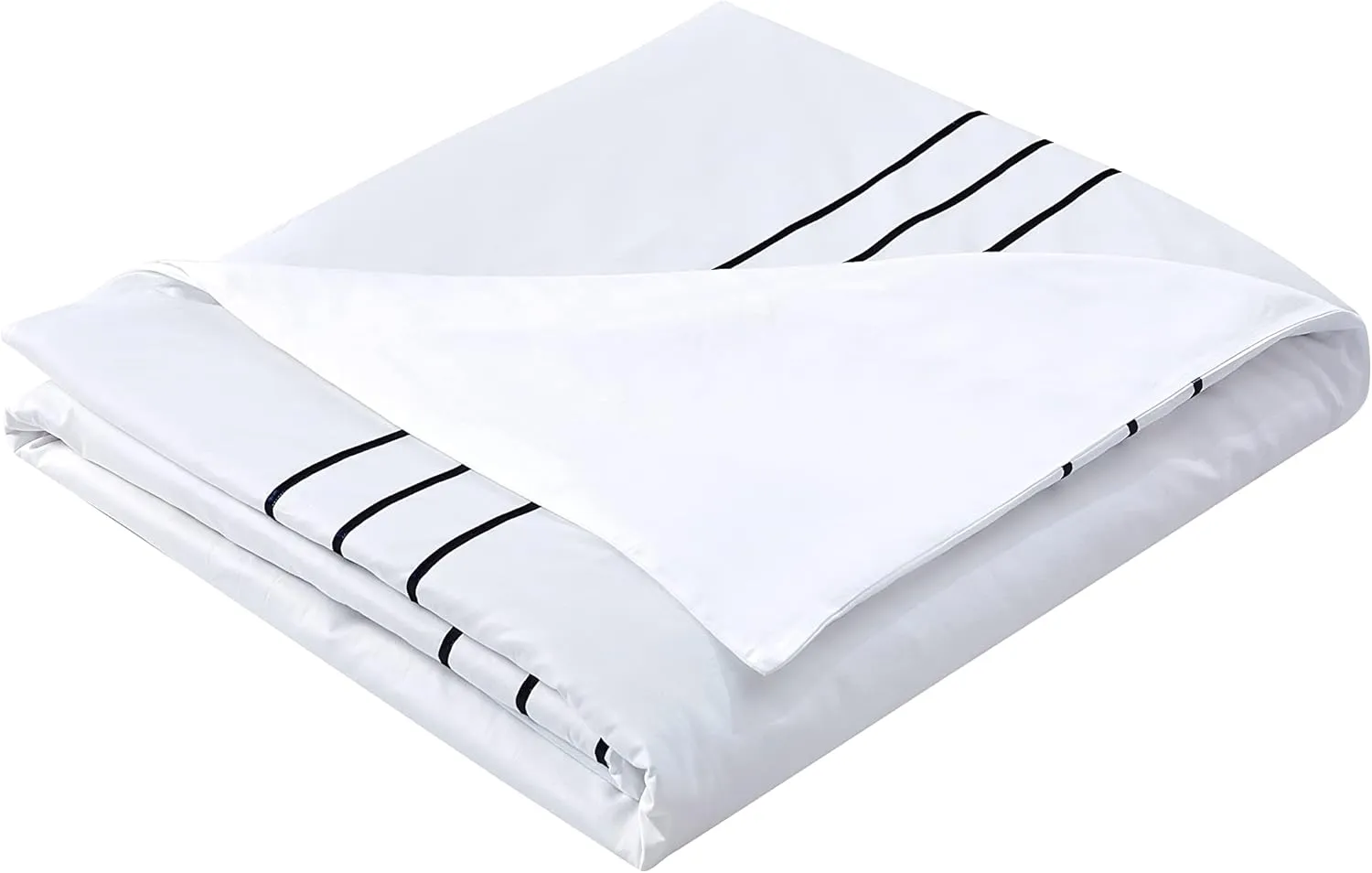 Karen 2 Pieces White Duvet Cover Set Without Filling Black Stripe Trim 100% Egyptian Cotton 300 Thread Count Soft Sateen Hotel Collection Zipper Closure Corner Ties(White Black,Twin)