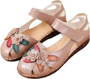 Keilinia Women's Summer Casual Closed Toe Flat Leather Sandals,Comfort Vintage Flowers Soft Sole Oxford Dress Mary Jane Shoes
