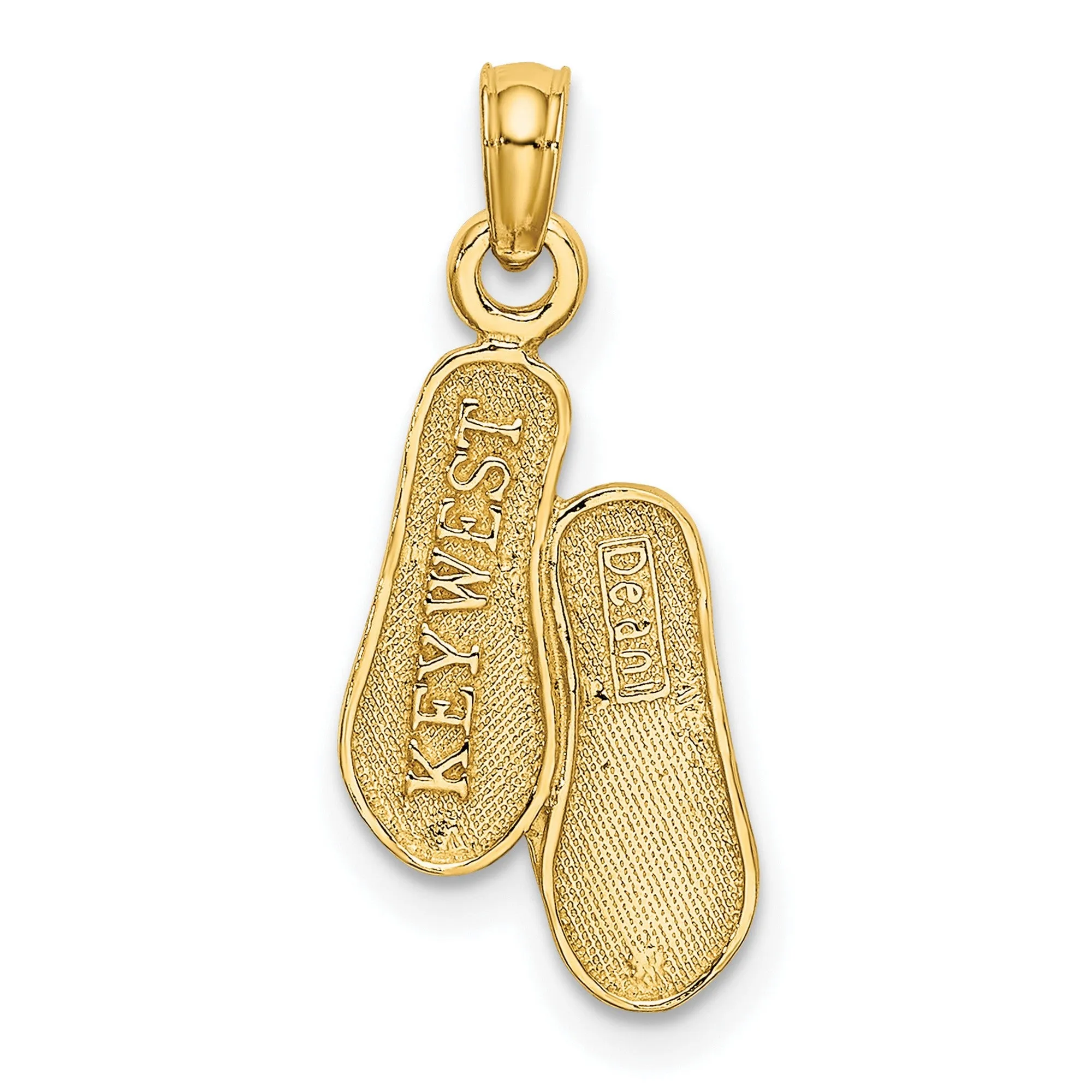 Key West Words on Bottom of Flip Flop Sandals Charm Pendant in Real 14k Yellow Gold