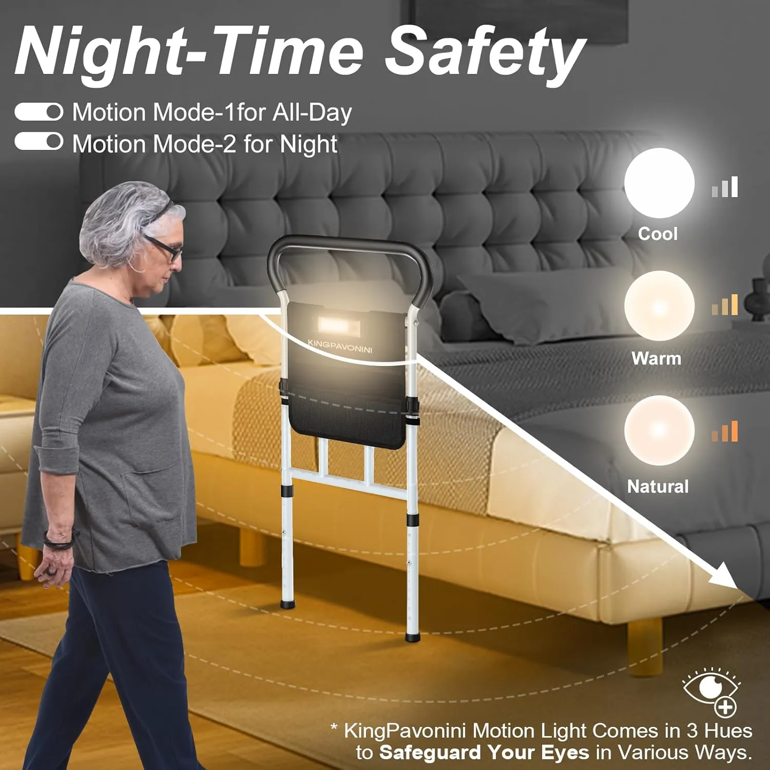 KingPavonini Bed Rails for Elderly Adults Safety, with Motion Light & Storage Pouch, FSA/HSA Eligible 400LBS Robust Bed Assist Rail with Support Legs for Seniors & Surgical Patients,Tool-Free Assembly