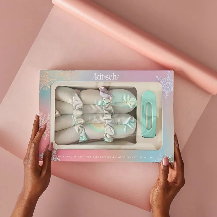 KITSCH Hair Hero XL Satin Heatless Styling & Flat Lay Claw 4pc Set - Aura