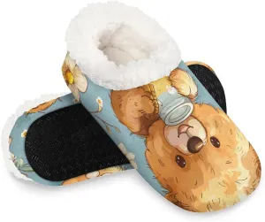 KOBLEN Bears Bee Flower Slippers for Women House Shoes with Fleece Lining Wide Comfy Full Slippers Lightweight Cozy Loafer with Rubber Sole Unisex Slippers Adults for Indoor Outdoor