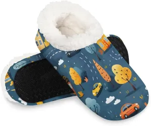KOBLEN Building Tree Map Slippers for Women House Shoes with Fleece Lining Wide Comfy Full Slippers Lightweight Cozy Loafer with Rubber Sole Unisex Slippers Adults for Indoor Outdoor