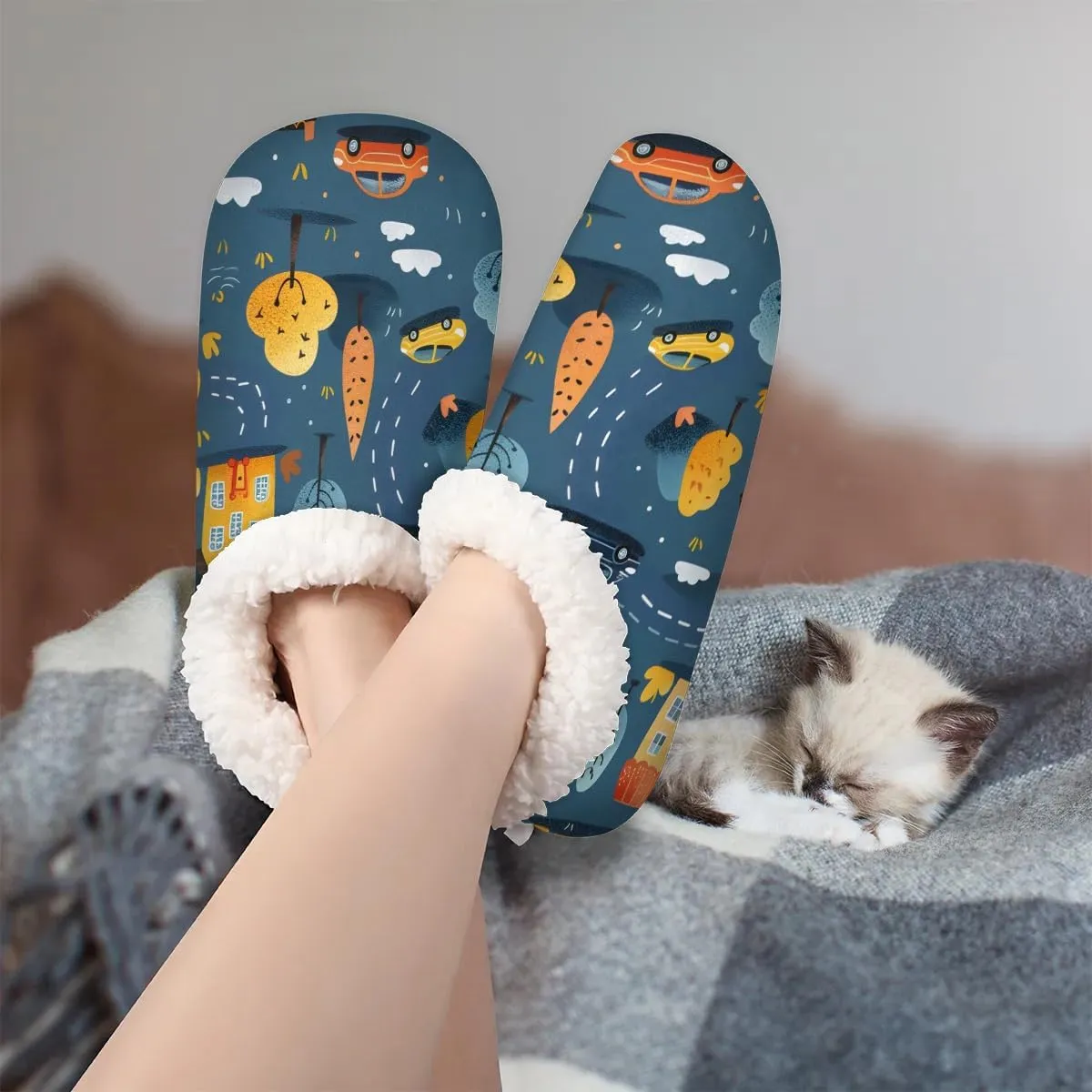 KOBLEN Building Tree Map Slippers for Women House Shoes with Fleece Lining Wide Comfy Full Slippers Lightweight Cozy Loafer with Rubber Sole Unisex Slippers Adults for Indoor Outdoor