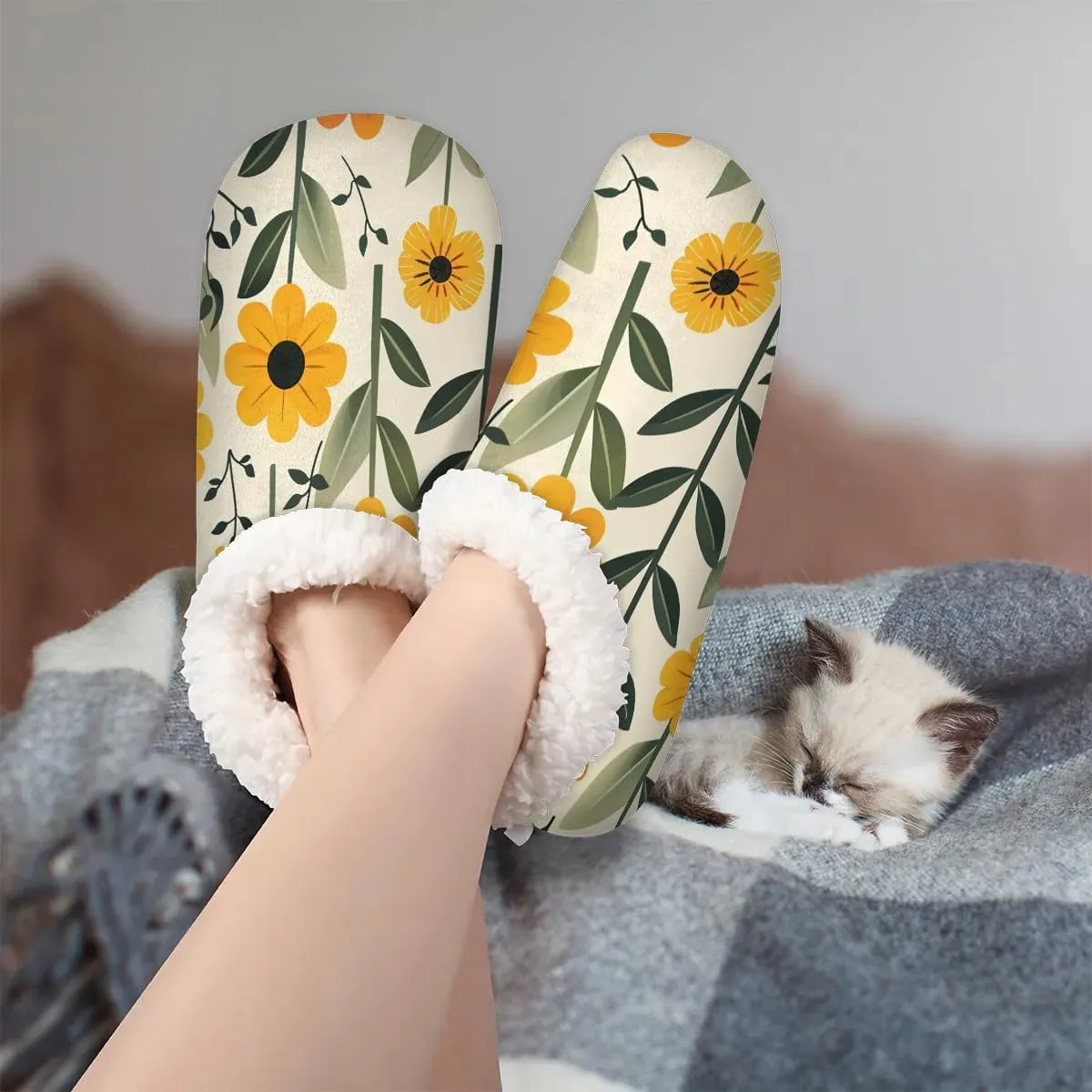 KOBLEN Flower Blossom Twig Slippers for Women House Shoes with Fleece Lining Wide Comfy Full Slippers Lightweight Cozy Loafer with Rubber Sole Unisex Slippers Adults for Indoor Outdoor