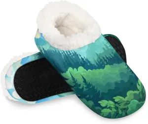 KOBLEN Green Forest Landscape Slippers for Women House Shoes with Fleece Lining Wide Comfy Full Slippers Lightweight Cozy Loafer with Rubber Sole Unisex Slippers Adults for Indoor Outdoor