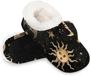 KOBLEN Night Moon Sun Slippers for Women House Shoes with Fleece Lining Wide Comfy Full Slippers Lightweight Cozy Loafer with Rubber Sole Unisex Slippers Adults for Indoor Outdoor