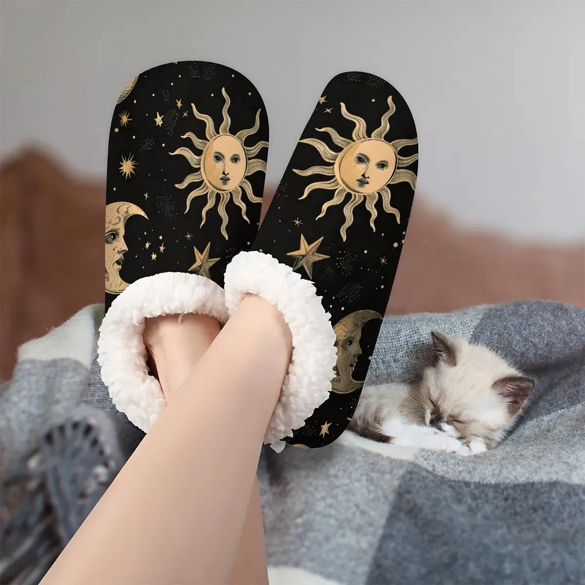 KOBLEN Night Moon Sun Slippers for Women House Shoes with Fleece Lining Wide Comfy Full Slippers Lightweight Cozy Loafer with Rubber Sole Unisex Slippers Adults for Indoor Outdoor