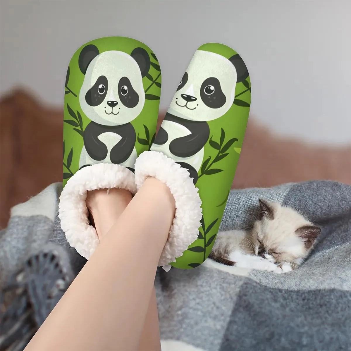 KOBLEN Panda Climb Tree Slippers for Women House Shoes with Fleece Lining Wide Comfy Full Slippers Lightweight Cozy Loafer with Rubber Sole Unisex Slippers Adults for Indoor Outdoor