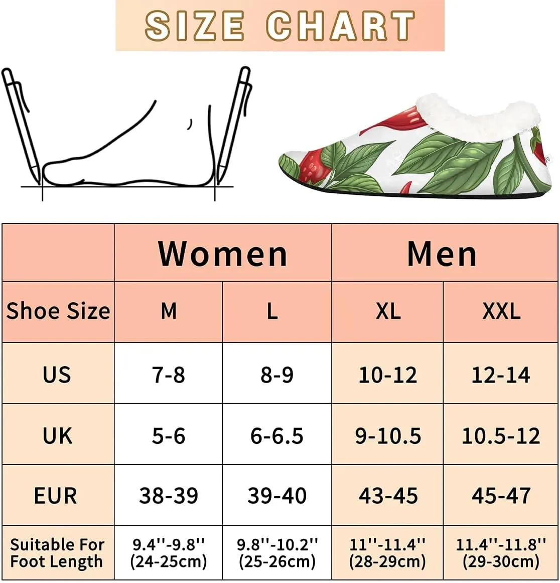 KOBLEN Pepper Sprigs Slippers for Women House Shoes with Fleece Lining Wide Comfy Full Slippers Lightweight Cozy Loafer with Rubber Sole Unisex Slippers Adults for Indoor Outdoor